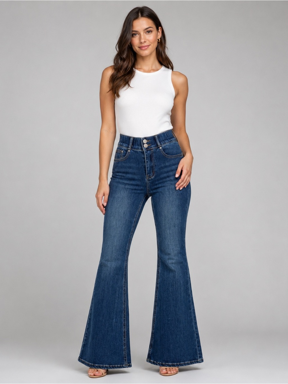 Women’s M Dark Wash High Rise Flare Jeans Double Button Stretch Denim Y2K Retro